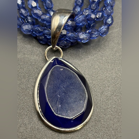 Multi Strand Blue Beaded Faux Gemstone Pendant Choker Necklace, Jewelry Gifts - Picture 3 of 12